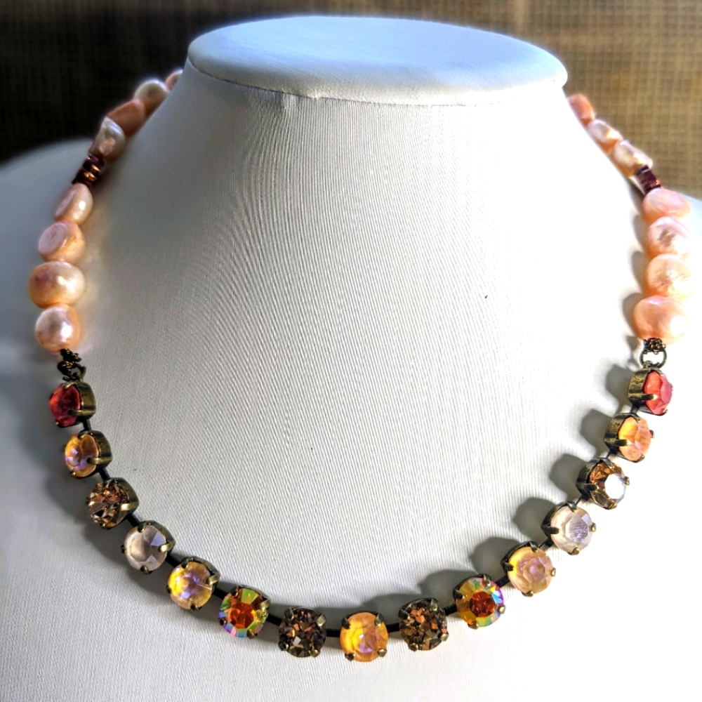 Orange Peach Swarovski Crystal and Peach Baroque Pearl Necklace in Brass
